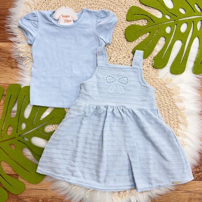 Conj. Blusa Manga Curta e Vestido em Linho com Laço em Lese - Azul Claro